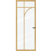 Binnendeur van hout met glaspanelen, decoratieve roedes en een zwarte deurgreep.