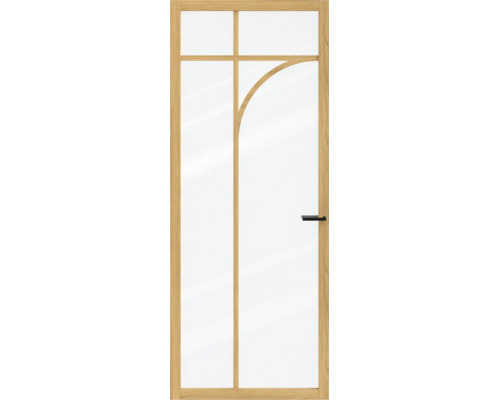 Binnendeur van hout met glaspanelen, decoratieve roedes en een zwarte deurgreep.