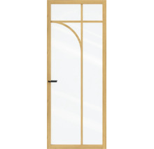 Glazen binnendeur met eikenhouten kozijn, gebogen roedes en zwart deurbeslag.