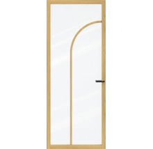Binnendeur met grote glasvlakken, frame in eikenlook, gebogen houten roede en zwart deurbeslag.