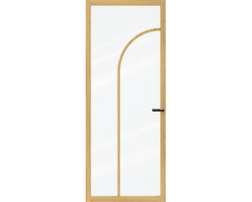 Binnendeur met grote glasvlakken, frame in eikenlook, gebogen houten roede en zwart deurbeslag.