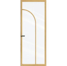 Binnendeur met grote glazen ruit, houten frame met eikenlook, gebogen houten element in het glas en zwarte deurkruk.