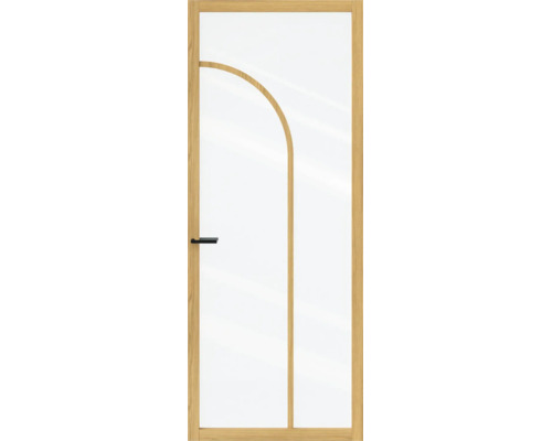 Binnendeur met grote glazen ruit, houten frame met eikenlook, gebogen houten element in het glas en zwarte deurkruk.