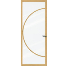 Binnendeur met eikenhouten frame, grote glasplaat met gebogen houten detail en zwart deurbeslag.