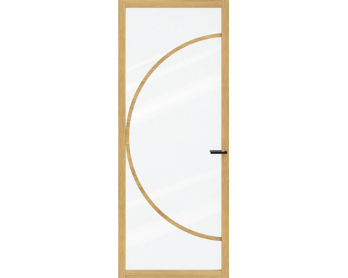 Binnendeur met eikenhouten frame, grote glasplaat met gebogen houten detail en zwart deurbeslag.