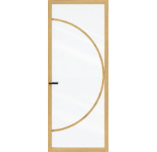 Binnendeur met glasvulling, houten frame in eikenlook, boogvormig houten element en zwart deurbeslag.