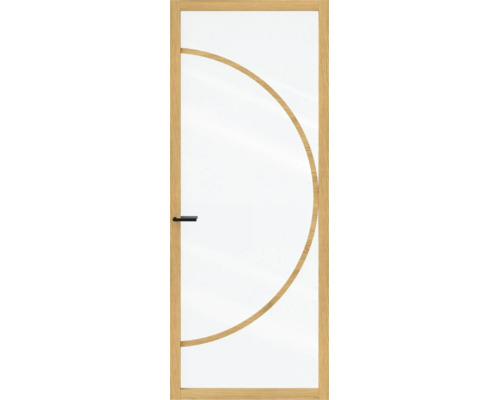 Binnendeur met glasvulling, houten frame in eikenlook, boogvormig houten element en zwart deurbeslag.