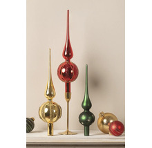 Kerstboompieken en kerstballen in rood, goud en groen met glitters en patronen.