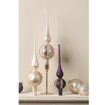 Drie kerstboompieken in crème, champagne en paars, samen met bijpassende kerstballen met glitters en sterpatronen.