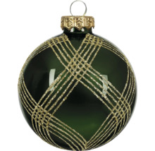 Kerstbal van donkergroen glas met een goudkleurig glitter ruitpatroon en ophangoog.