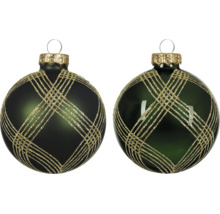 Twee donkergroene glazen kerstballen met goudkleurig glitterpatroon in ruitvorm, één mat en één glanzend.