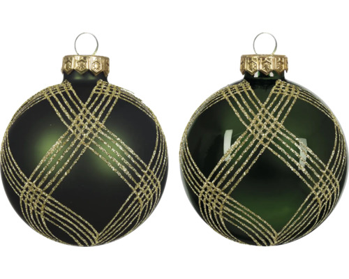Twee donkergroene glazen kerstballen met goudkleurig glitterpatroon in ruitvorm, één mat en één glanzend.
