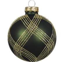 Donkergroene glazen kerstbal met goudkleurig glitterpatroon en goudkleurige kap.