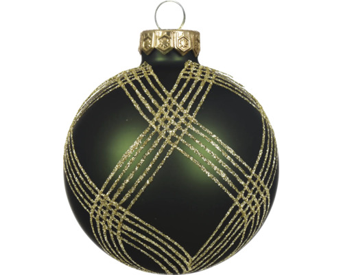 Donkergroene glazen kerstbal met goudkleurig glitterpatroon en goudkleurige kap.