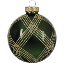 Glazen kerstbal in donkergroen met goudkleurig glitterpatroon en ophangoog.