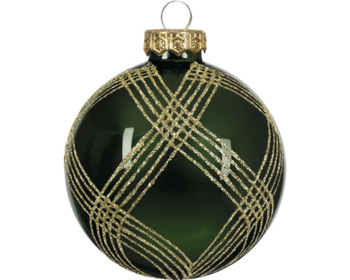 Glazen kerstbal in donkergroen met goudkleurig glitterpatroon en ophangoog.