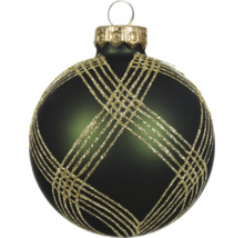 Donkergroene glazen kerstbal met matte afwerking en goudkleurig glitterend ruitpatroon.