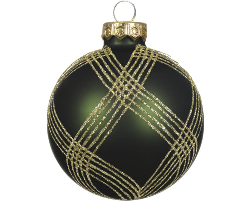 Donkergroene glazen kerstbal met matte afwerking en goudkleurig glitterend ruitpatroon.