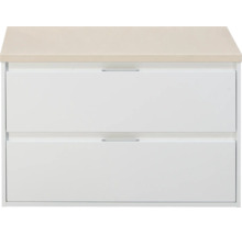 Witte wastafelonderkast met twee lades en een lichtgekleurd bovenblad.