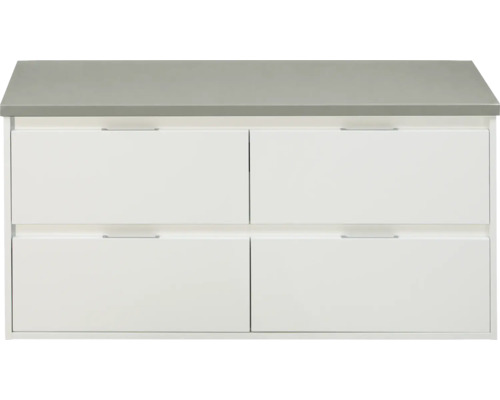 Wastafelonderkast met vier lades, wit front en grijs bovenblad.