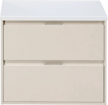 Beige wastafelonderkast met twee laden en wit afdekblad.