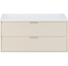 Beige wastafelonderkast met twee laden, wit bovenblad en smalle metalen handgrepen.