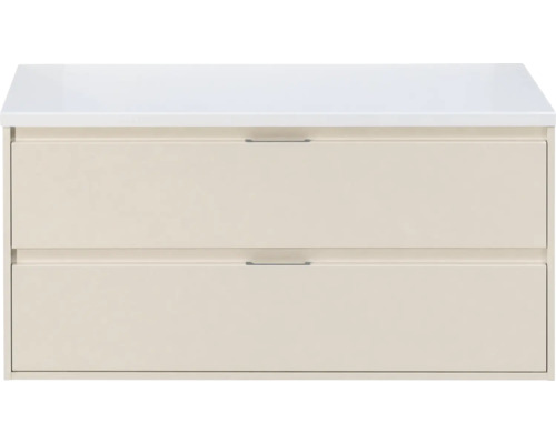 Beige wastafelonderkast met twee laden, wit bovenblad en smalle metalen handgrepen.