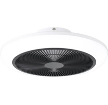 Ronde plafondlamp met geïntegreerde ventilator, witte lichtring en donker lamellenrooster.