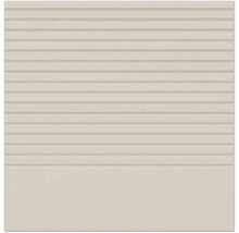 Vierkante beige keramische traptrede tegel met horizontale ribbels en een glad onderste gedeelte.