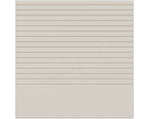 Vierkante beige keramische traptrede tegel met horizontale ribbels en een glad onderste gedeelte.