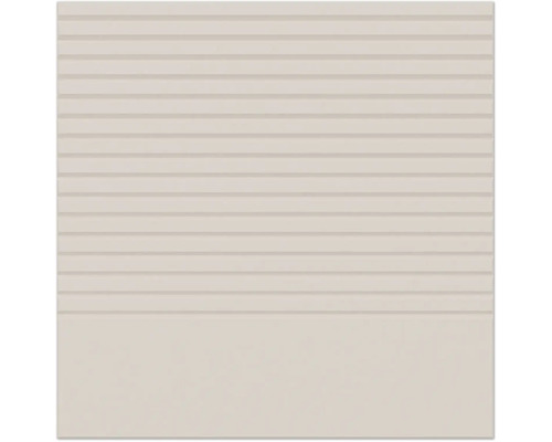 Beige keramische wandtegel met horizontale lijnstructuur aan de bovenzijde en een glad oppervlak aan de onderzijde.