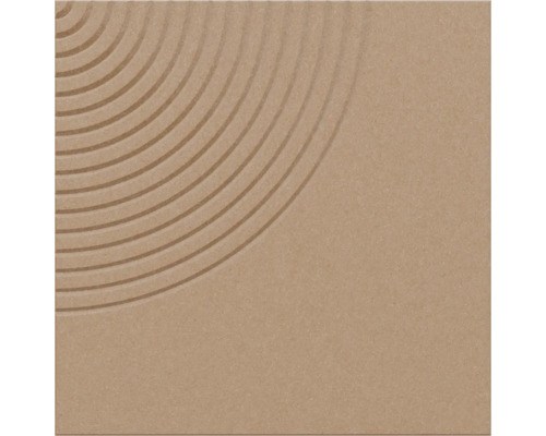 Vierkante beige tegel met een concentrisch cirkelpatroon in een hoek.