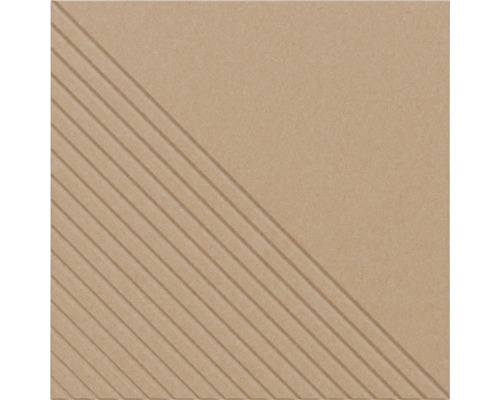 Vierkante beige vloertegel van gres met diagonaal strepenpatroon op de ene helft en een glad oppervlak op de andere helft.