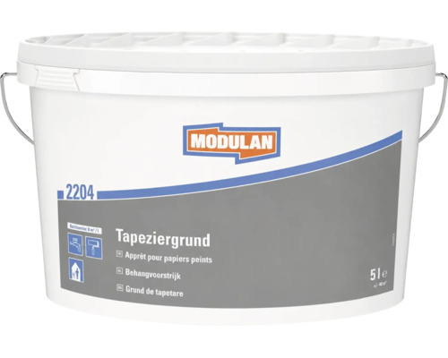 Modulan behangvoorstrijk 2204 in een emmer van 5 liter voor de voorbehandeling van muren voor het behangen.