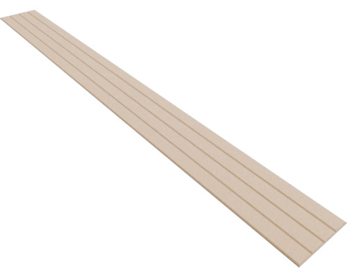 Lang, licht houten paneel met parallelle lengtegroeven over de gehele lengte.
