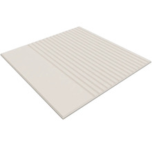 Vierkante, lichtbeige keramische tegel met een combinatie van een geribbelde structuur en een glad oppervlak.