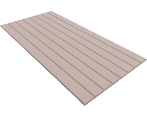 Beige rechthoekig wandpaneel met langsgroeven voor een plankeffect.