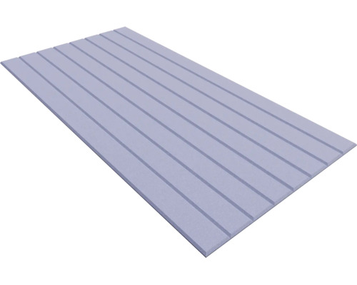 Rechthoekige isolatieplaat met gefreesde lengtegroeven voor de installatie van vloerverwarming.