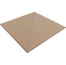 Vierkant wandpaneel van houtmateriaal met lineaire groeven op de helft van het oppervlak.