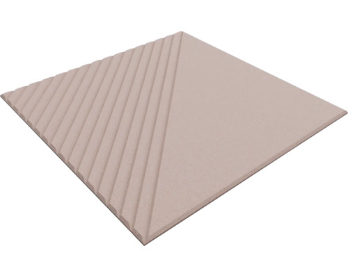 Vierkante keramische tegel in beige met een geometrisch oppervlakteontwerp, een helft glad en een helft met een ribbelstructuur.