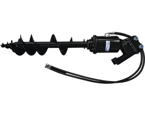 Hydraulische grondboor van zwart metaal met spiraalboor, hydraulische slangen en Zipper Logo.