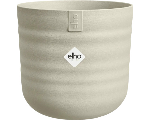 Elho bloempot, beige, rond, met geribbelde textuur, van kunststof, Elho Logo.