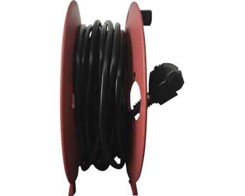 Rode kabelhaspel met opgerolde zwarte kabel en randaardestekker.