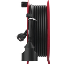 Kabelhaspel met zwarte verlengkabel, randaardestekker en contrastekker op een rood kunststof frame.