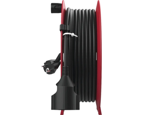 Kabelhaspel met zwarte verlengkabel, randaardestekker en contrastekker op een rood kunststof frame.