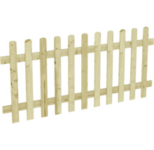 Houten tuinhek, lattenhek met afgeronde koppen en horizontale liggers.