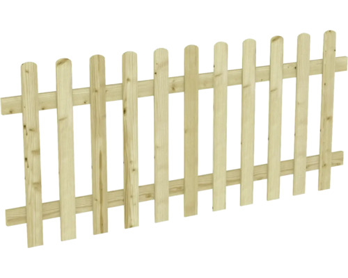 Houten tuinhek, lattenhek met afgeronde koppen en horizontale liggers.