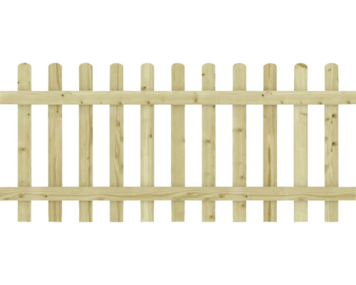 Houten tuinhek met afgeronde latten en twee horizontale dwarsbalken.