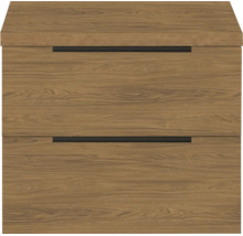 Wastafelonderkast met twee laden in houtlook en zwarte greepstrips.