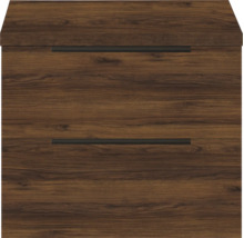 Wastafelonderkast in donker houtdecor met twee laden en horizontale grepen.